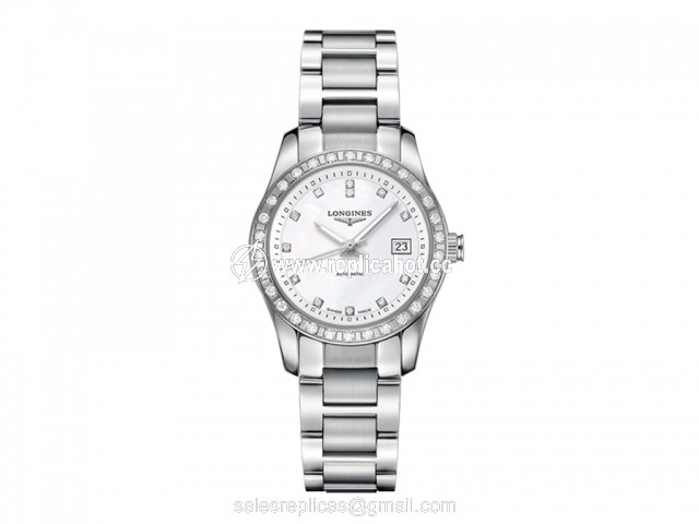 Longines Conquest L22850876 Self winding mechanical movement beating at 28'800 vibrations per hours and providing 40 hours of power reserve Moment Caliber: L595/592 Ladies Stainless Steel