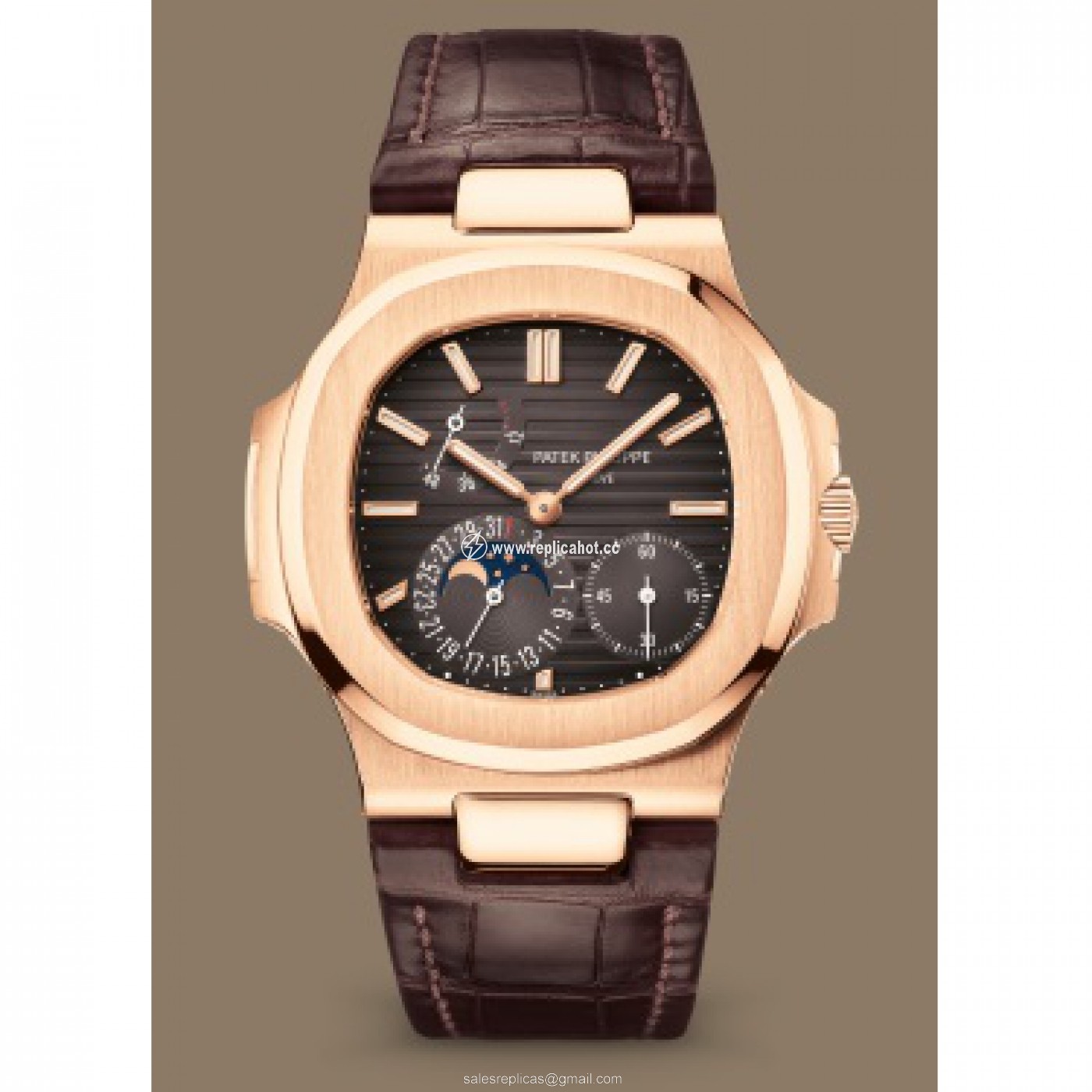 Patek Philippe Nautilus 5712R-001 Self Winding Mens 18k Rose Gold Matte Dark Brown